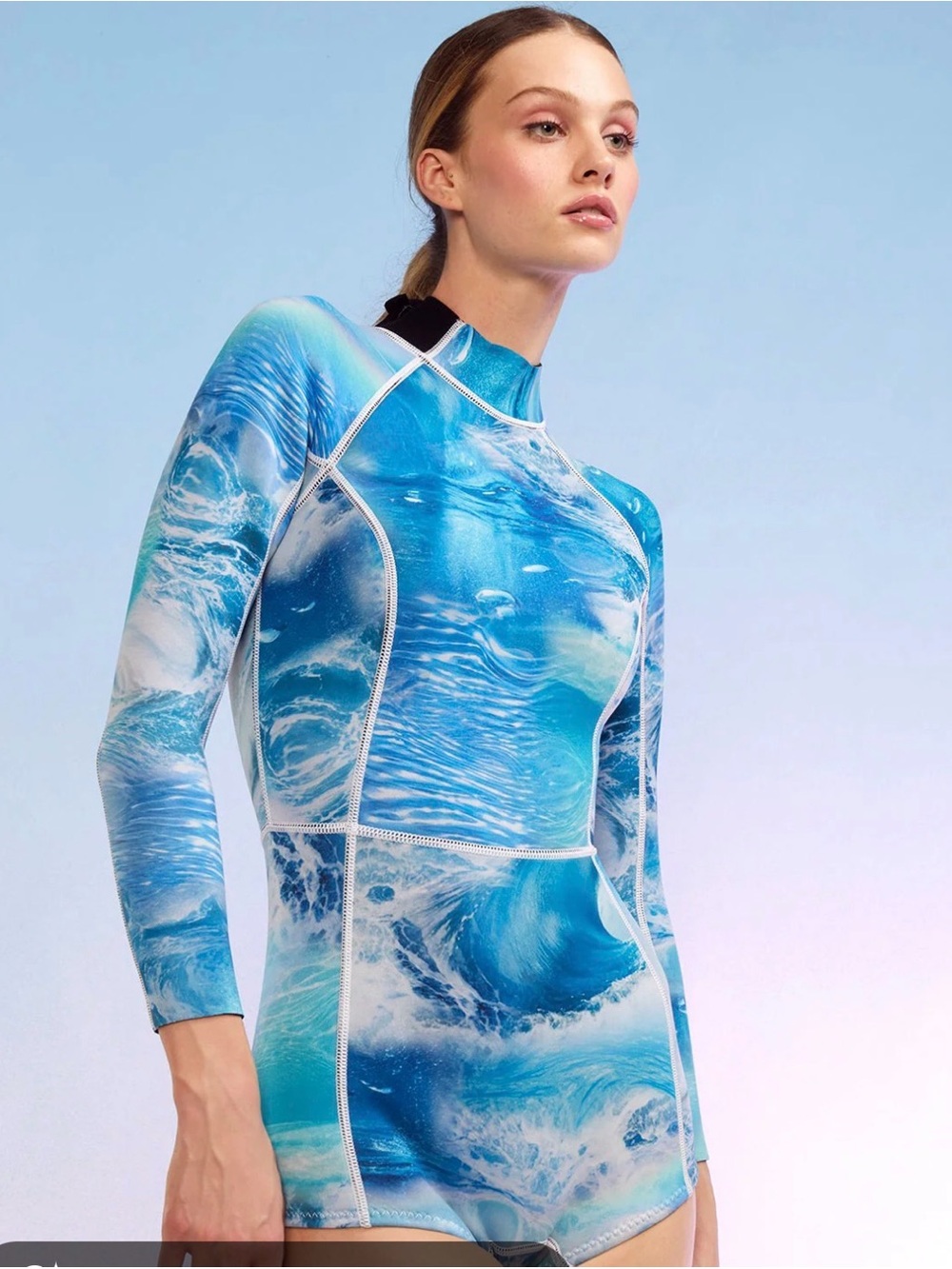 Cynthia Rowley Blue Ocean-Print Long-Sleeve One-Piece Rashguard